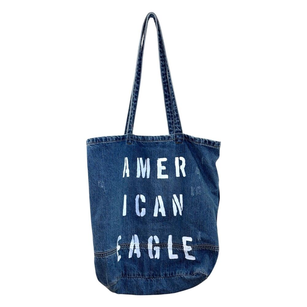 American Eagle Denim Tote Bag Distressed Logo Print Blue